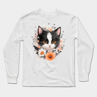 Tuxedo Cat's Blooming Beauty: Vintage Floral Delight Long Sleeve T-Shirt